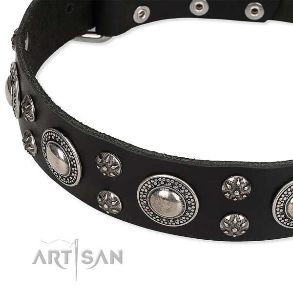Easy wearing adorned dog collar of strong full grain genuine leather