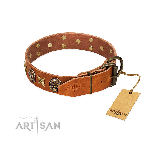 Full grain natural leather dog collar with rust-proof hardware and embellishments