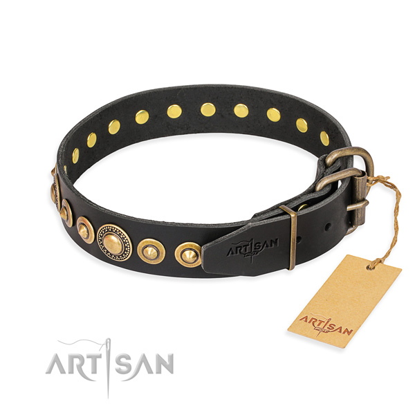 Natural genuine leather dog collar made of gentle to touch material with corrosion resistant D-ring