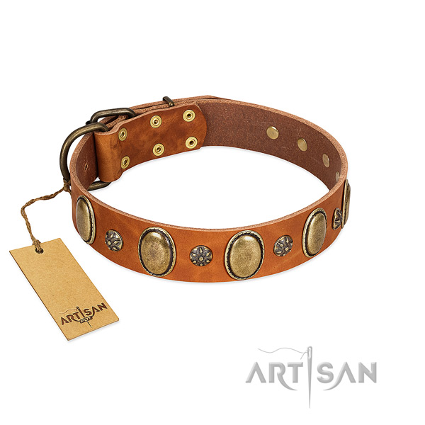 Everyday walking gentle to touch full grain natural leather dog collar with decorations