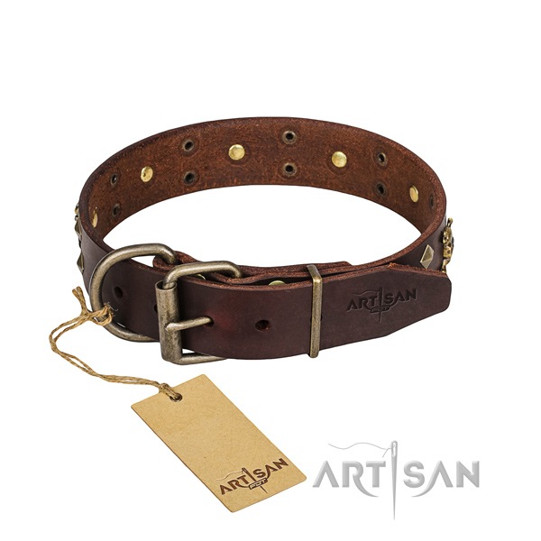Daily use dog collar of strong natural leather with embellishments