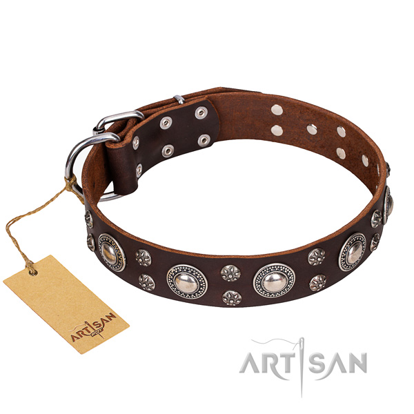 Easy wearing dog collar of fine quality full grain genuine leather with embellishments