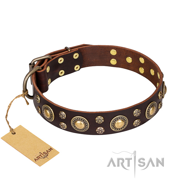 Easy wearing dog collar of quality leather with decorations
