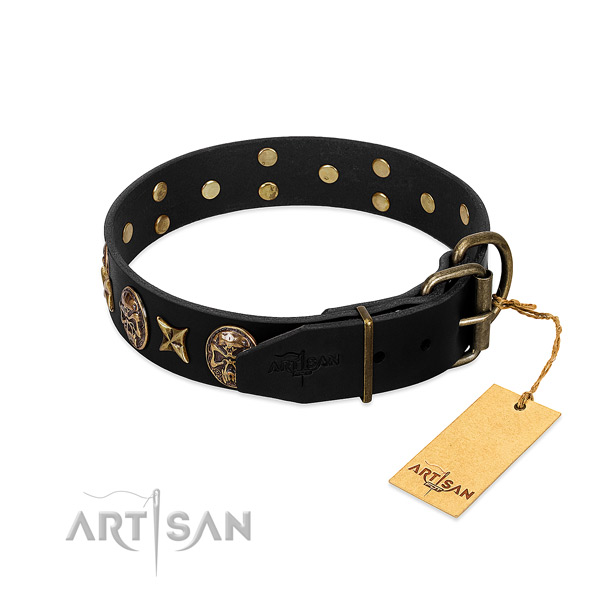 Corrosion proof embellishments on full grain natural leather dog collar for your four-legged friend