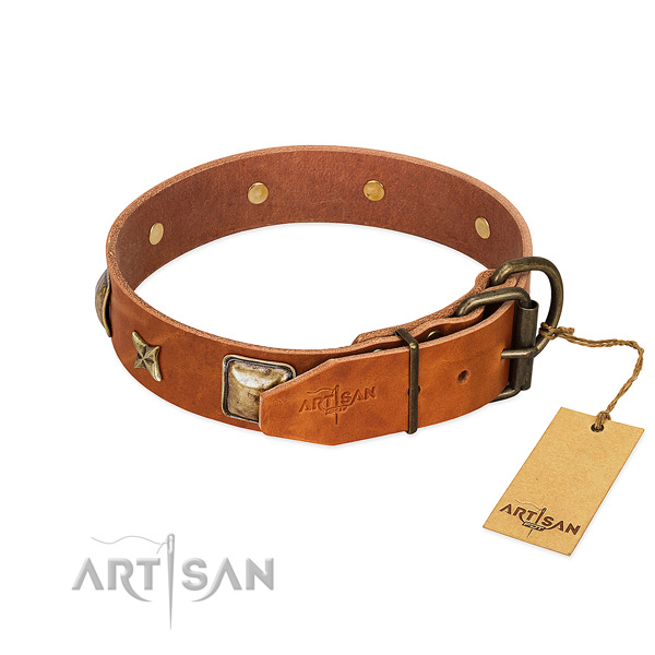 Full grain leather dog collar with rust-proof traditional buckle and decorations