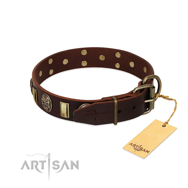 Natural genuine leather dog collar with reliable D-ring and adornments
