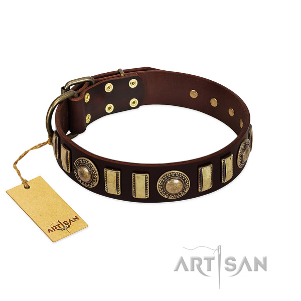 Flexible full grain natural leather dog collar with corrosion proof buckle