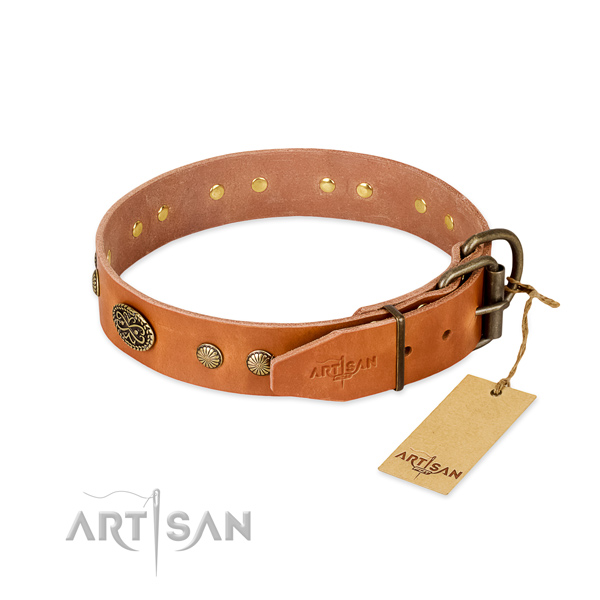 Durable traditional buckle on full grain natural leather dog collar for your canine