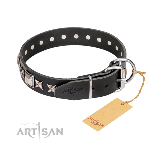Strong adorned dog collar of full grain natural leather