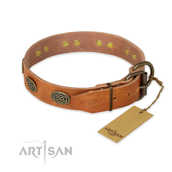 Strong buckle on natural genuine leather collar for your beautiful doggie