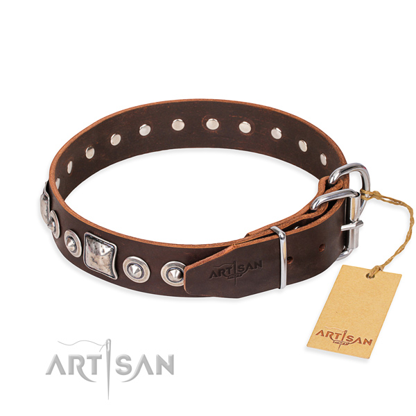 Natural genuine leather dog collar made of best quality material with reliable decorations
