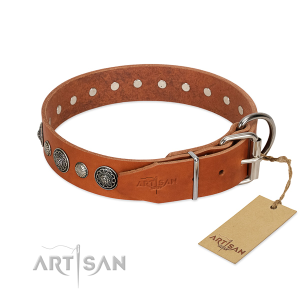 Flexible natural leather dog collar with corrosion resistant traditional buckle