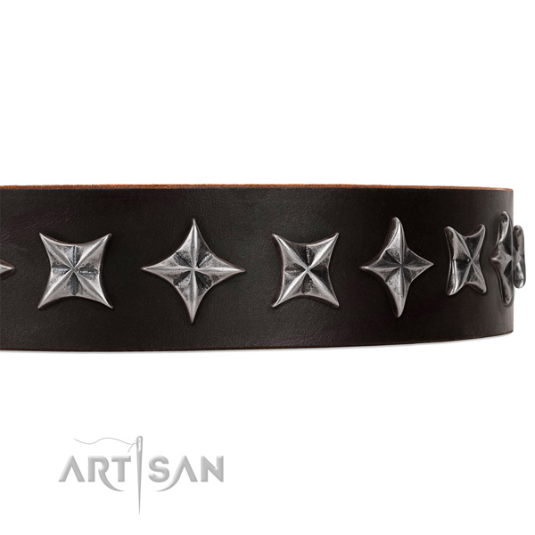 Comfortable wearing decorated dog collar of durable natural leather