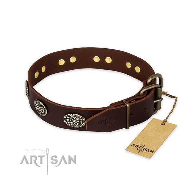 Corrosion proof traditional buckle on full grain leather collar for your handsome canine