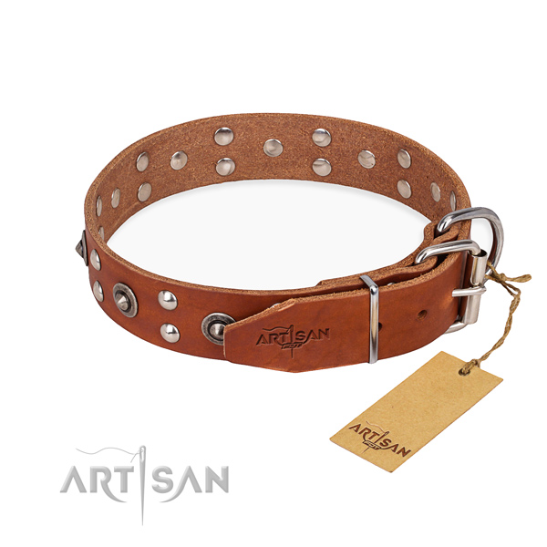 Rust resistant D-ring on genuine leather collar for your handsome dog