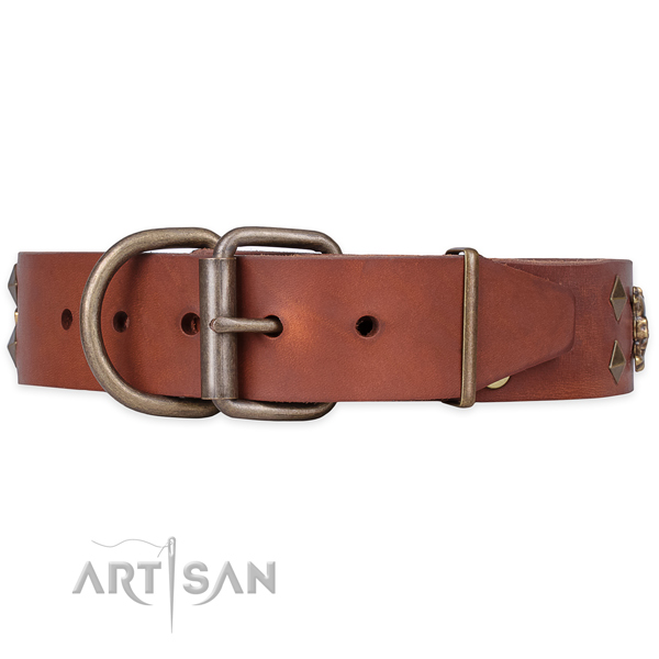 Everyday use embellished dog collar of durable genuine leather