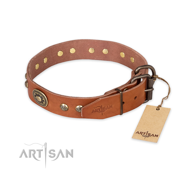 Durable D-ring on full grain leather collar for basic training your dog