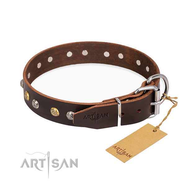 Strong natural genuine leather dog collar handmade for daily walking