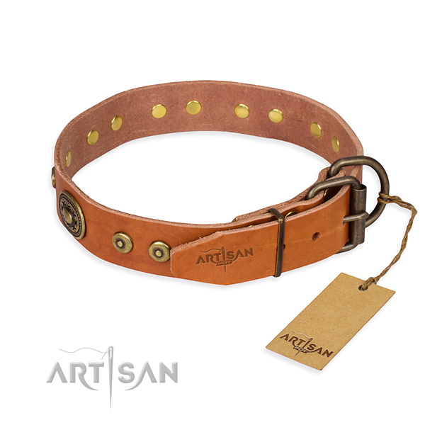 Leather dog collar made of gentle to touch material with corrosion resistant adornments