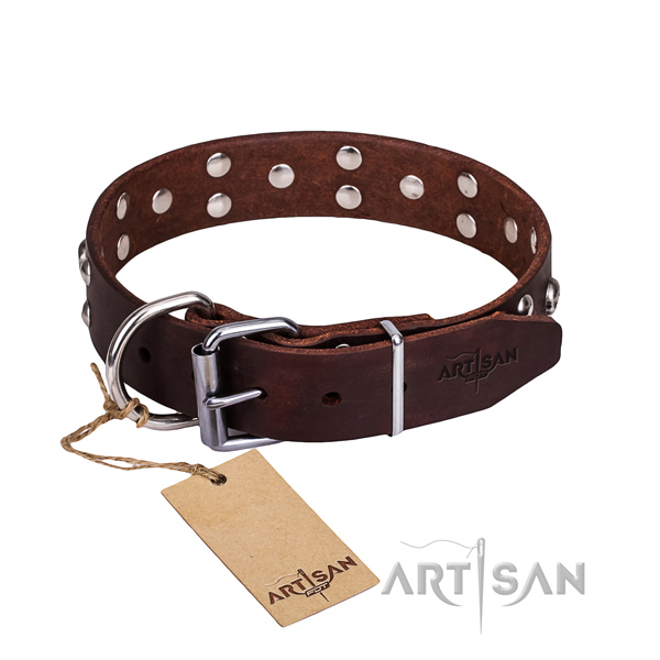 Daily walking dog collar of durable genuine leather with decorations