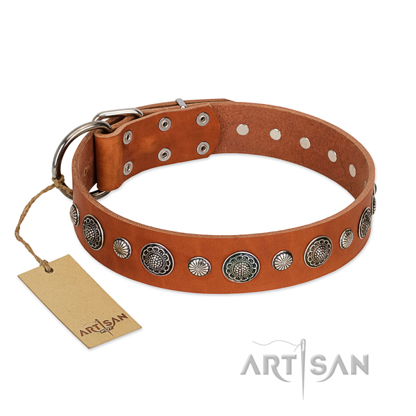 Strong genuine leather dog collar with corrosion proof D-ring