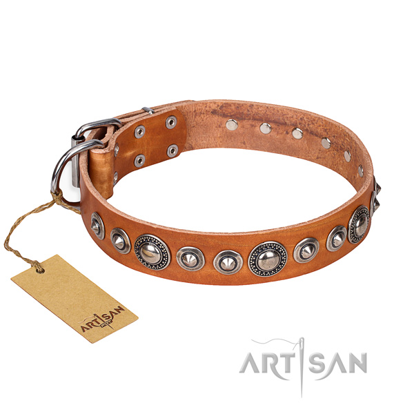 Leather dog collar made of flexible material with corrosion proof hardware