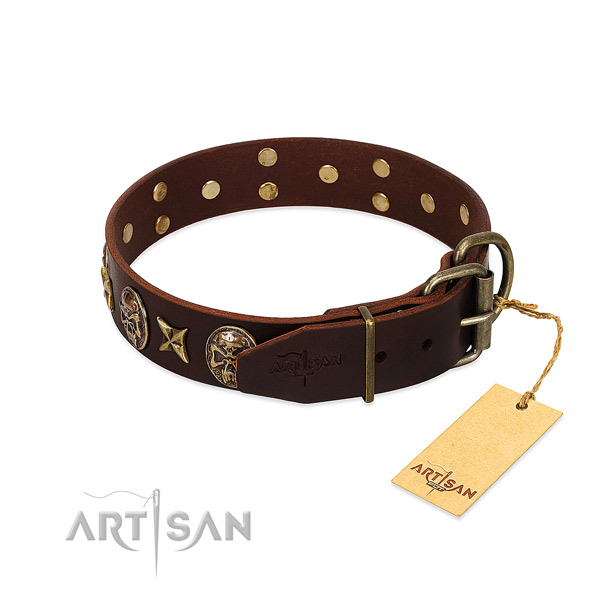 Full grain natural leather dog collar with durable hardware and adornments