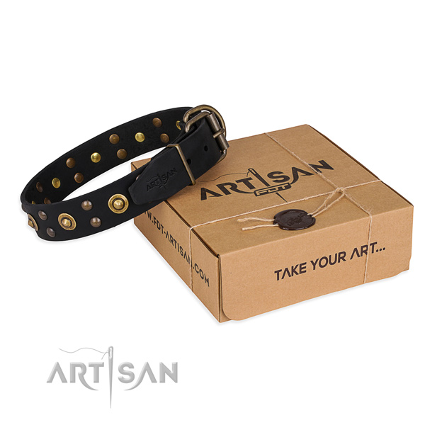 Reliable traditional buckle on genuine leather collar for your handsome doggie