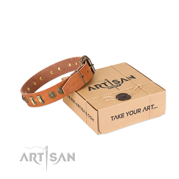 Corrosion resistant D-ring on full grain natural leather dog collar for your four-legged friend