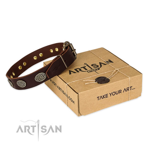 Rust-proof hardware on natural genuine leather collar for your impressive dog