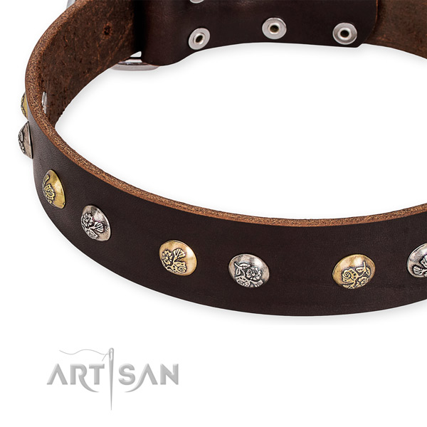 Full grain natural leather dog collar with inimitable rust-proof decorations