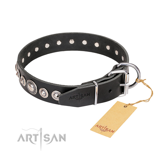 Strong decorated dog collar of natural leather