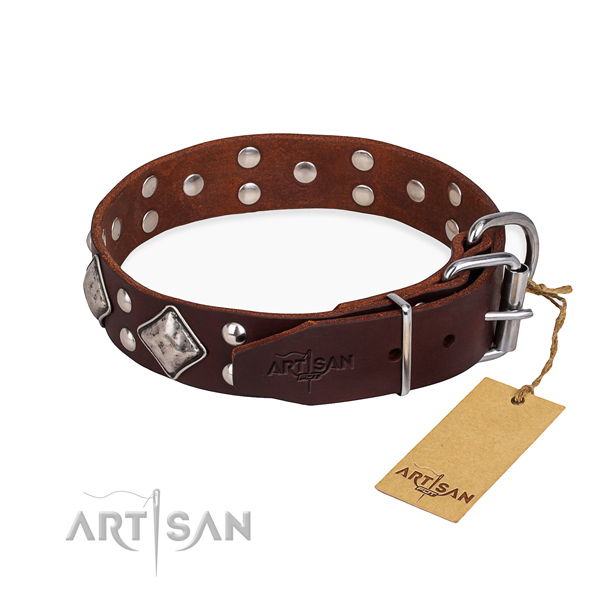Full grain natural leather dog collar with impressive strong adornments