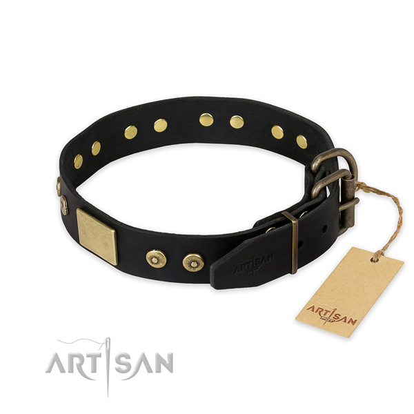 Rust-proof traditional buckle on natural genuine leather collar for walking your four-legged friend