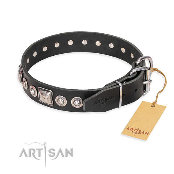 Natural genuine leather dog collar made of soft material with strong adornments