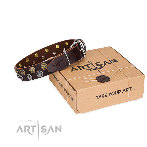 Basic training dog collar of high quality full grain leather with decorations