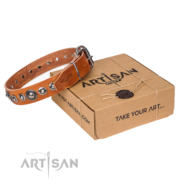 Natural genuine leather dog collar made of gentle to touch material with rust resistant fittings