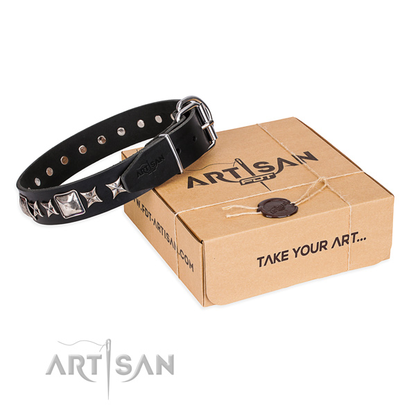 Comfortable wearing dog collar of finest quality full grain leather with studs