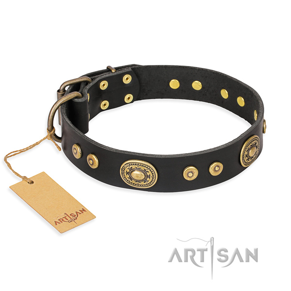 Genuine leather dog collar made of reliable material with corrosion proof hardware