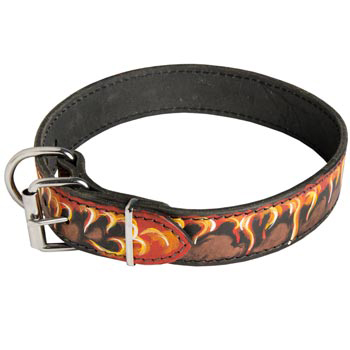 Buckle Leather Dog Collar with Fire Flames for Mastiff