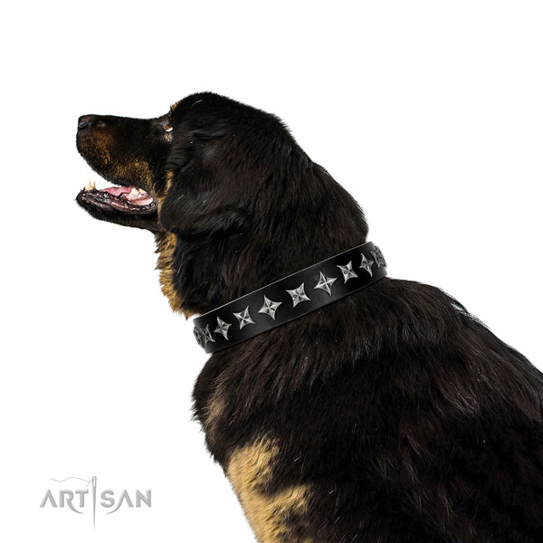 Handy use decorated dog collar of strong genuine leather