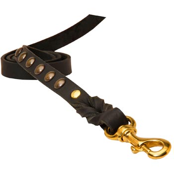 Leather Dog Leash Studded Equipped with Strong Brass Snap Hook for Mastiff